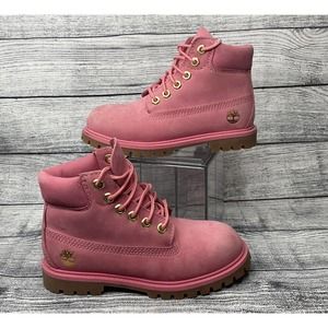 Timberland Girls 6 Inch Premium A148W Pink Lace Up Ankle Combat Boots Size 12